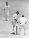 Alec Bedser turns to see that he has been clean bowled by Ian Johnson, Australia v England, 1st Test, Melbourne, November 30, 1954