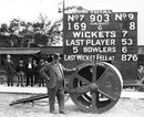 Oval groundsman Bosser Martin with his heavy roller at the end of the 1938 Test which England won by an innings and 579 runs.  The endless rolling by what was known as "Bosser's Pet" helped turn the Oval pitch into a bowlers' graveyard, England v Australia, 5th Test, The Oval, August 24, 1938 