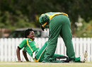 South Africa's physio inspects Marcia Letsoalo's injury, New Zealand v South Africa, Group A, women's World Cup, Bradman Oval, Bowral, March 12, 2009