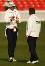 Umpires Michael Gough and Trevor Jesty inspect the Tiflex ball that will be used in Division Two, Leicestershire v Northamptonshire, County Championship Division Two, Grace Road, April 15, 2009