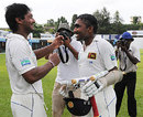 Captain Kumar Sangakkara congratulates his predecessor Mahela Jayawardene, Sri Lanka v Pakistan, 2nd Test, Colombo, 3rd day, July 14, 2009 