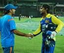 MS Dhoni and Kumar Sangakkara shake hands at the end of the match, Sri Lanka v India, Compaq Cup, 3rd match, Colombo, September 12, 2009