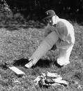 Jackie McGlew puts on his pads, first Test, England v South Africa, Trent Bridge, 9 June 1951