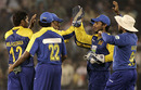 Chanaka Welegedara gets the high-fives after removing Virender Sehwag, India v Sri Lanka, 3rd ODI, Cuttack, December 21, 2009