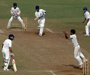 Iqbal Abdulla latches on to a return catch from Aditya Jain, Mumbai v Delhi, Ranji Trophy Super League 2009-10, 1st semi-final, Mumbai, 4th day, January 6, 2010