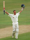 Nasser Hussain celebrates after reaching his double-century, England v Australia, 1st Test, Edgbaston, 2nd day, June 6, 1997