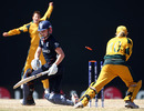 Beth Morgan of England is bowled by Shelley Nitschke as England's batting subsides, Australia  v England, ICC Women's World Twenty20, Basseterre, May 5 2010
