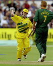 Steve Waugh celebrates leading his team into the semi-finals, Australia v South Africa, Super Sixes, Headingley, June 13, 1999