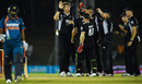 Jacob Oram celebrates Praveen Kumar's dismissal with his team-mates, India v New Zealand, tri-series, 1st ODI, August 10, 2010