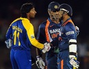 Kumar Sangakkara congratulates Virender Sehwag, Sri Lanka v India, tri-series, 3rd ODI, Dambulla, August 16, 2010