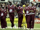Steve Waugh and the West Indies team wait for the umpire's decision, Australia v West Indies, 28th match, World Cup, Old Trafford, May 30, 1999