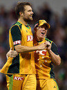 Dirk Nannes and David Warner celebrate the dismissal of Dinesh Chandimal, Australia v Sri Lanka, Only Twenty20, Perth, October 31, 2010