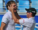 Paul Harris celebrates a wicket with AB de Villiers, Pakistan v South Africa, 1st Test, Dubai, 5th day, November 16, 2010