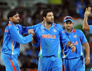 Yuvraj Singh is congratulated on dismissing Devon Thomas, India v West Indies, Group B, World Cup 2011, March 20, 2011