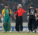 Nigel Llong intervenes in an argument between Faf du Plessis and Scott Styris, New Zealand v South Africa, 3rd quarter-final, World Cup, March 25, 2011