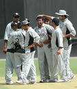 Team-mates congratulate Shadeep Silva after he knocked over Sarel Burger, UAE v Namibia, Dubai, April 8, 2011