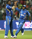 Kieron Pollard and Ambati Rayudu celebrate the dismissal of Virat Kohli, Royal Challengers Bangalore v Mumbai Indians, IPL 2011, Bangalore, April 12, 2011