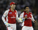 Adam Gilchrist and Bhargav Bhatt celebrate the dismissal of Ashok Menaria, Kings XI Punjab v Rajasthan Royals, IPL 2011, Mohali, April 21, 2011