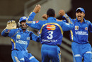 Harbhajan Singh celebrates after striking first ball, Pune Warriors v Mumbai Indians, IPL 2011, Navi Mumbai, May 4, 2011