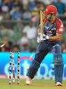 Irfan Pathan's stumps get in the way of a Lasith Malinga yorker, Mumbai Indians v Delhi Daredevils, IPL 2011, Mumbai, May 7, 2011