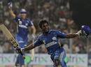 Ambati Rayudu celebrates after winning the match with a last-ball six, Kolkata Knight Riders v Mumbai Indians, IPL 2011, May 22, 2011