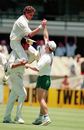 Fanie de Villiers rides on Hansie Cronje's shoulders, Australia v South Africa, second Test, Sydney 1994