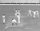 Ron Archer is caught by Alan Oakman off Jim Laker for a duck, England v Australia, 4th Test, Old Trafford, 5th day, July 31, 1956