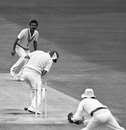 Madan Lal bowls Chris Smith for 6, England v India, 2nd Test, Headingley, 2nd day, June 20, 1986