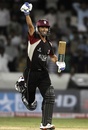 Alfonso Thomas celebrates after hitting the winning runs, Auckland v Somerset, CLT20 qualifier, Hyderabad, September 20, 2011