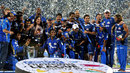The Mumbai Indians team pose with the CLT20 trophy, Mumbai Indians v RCB, CLT20 final, Chennai, October 9, 2011