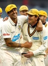 Mitchell Johnson and Marcus North celebrates Western Australia's win, Western Australia v Tasmania, Sheffield Shield, Perth, 4th day, October 14, 2011