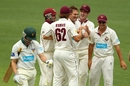 Ryan Harris celebrates one of his seven wickets, Queensland v Tasmania, Sheffield Shield, Brisbane, 3rd day, October 27, 2011