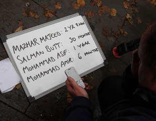 A board outside Southwark Crown Court in London lists the sentences handed out to the accused in the spot-fixing case