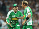 Shane Warne and David Hussey celebrate Dwayne Bravo's wicket, Sydney Sixers v Melbourne Stars, BBL 2011-12, Sydney, December 27, 2011