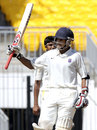 Harshad Khadiwale raises his bat after reaching his hundred, Tamil Nadu v Maharashtra, Ranji Trophy 2011-12, quarter-final, Chennai, January 5, 2012