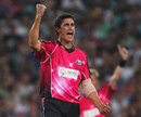 Mitchell Starc celebrates one of his three wickets, Sydney Thunder v Sydney Sixers, BBL, Sydney, January 8, 2012
