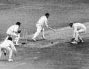 Tony Greig fields at silly point to Vic Pollard, England v New Zealand, first Test, Trent Bridge, Nottingham, June 11, 1973
