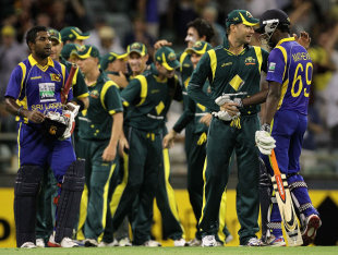 Australia pulled off a five-run win over Sri Lanka in Perth to go five points clear at the top of the table