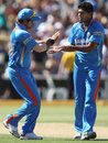 Suresh Raina and Umesh Yadav celebrate the dismissal of Peter Forrest, Australia v India, Commonwealth Bank Series, Adelaide, February 12, 2012
