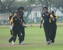 Hiran Ralalage celebrates one of his four match-winning wickets, Guernsey v Malaysia, ICC World Cricket League Division 5, Singapore, February 22, 2012