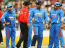 MS Dhoni talks to umpire Billy Bowden about India's appeal for obstructing the field, Australia v India, CB Series, Sydney, February 26, 2012