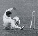 Walter Hadlee treads on his wicket when on 93, England v New Zealand, 2nd Test, Manchester, July 26, 1937