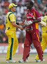 Shane Watson and Darren Sammy shake hands after the game is tied, West Indies v Australia, 3rd ODI, St Vincent, March 20, 2012