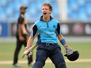 Ryan Flannigan roars after getting Scotland the last-ball four they needed against Canada, Canada v Scotland, ICC World Twenty20 Qualifier, fifth-place playoff, Dubai, March 23, 2012