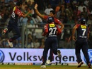 Shahbaz Nadeem celebrates the fall of a wicket with Umesh Yadav, Mumbai Indians v Delhi Daredevils, IPL 2012, Mumbai, April 16, 2012