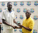 Sulieman Benn receives the Man of the Match award from Lyndel Wright, the president of the JCA, Jamaica v Barbados, Regional Four Day Competition, final, Sabina Park, 4th day, April 16, 2012