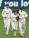 Steven Mullaney hugs Samit Patel after his catch helped dismiss Michael Klinger, Worcestershire v Nottinghamshire, County Championship, Division One, New Road, 2nd day, April 27, 2012