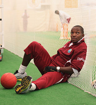 Fidel Edwards takes some time out as West Indies were forced to train indoors at Lord's
