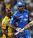 Dwayne Bravo has a word with Kieron Pollard after dismissing him, Mumbai Indians v Chennai Super Kings, Eliminator, IPL 2012, Bangalore, May 23, 2012