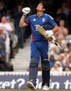 Alastair Cook looks heaven-ward as he reaches a 114-ball century, England v West Indies, 2nd ODI, The Oval, June 19, 2012